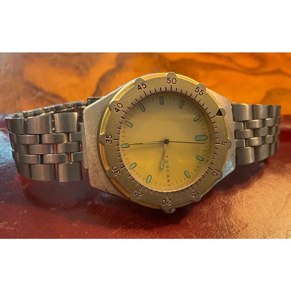 Men's 37mm Brushed Metal Tone Tuscany Watch with Rotating Gold Tone Bezel
